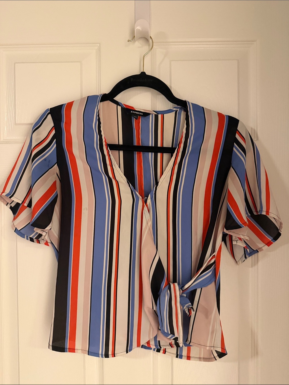 Express Multicolor Striped Tie-Front Blouse - Blue/Red/Black/Cream